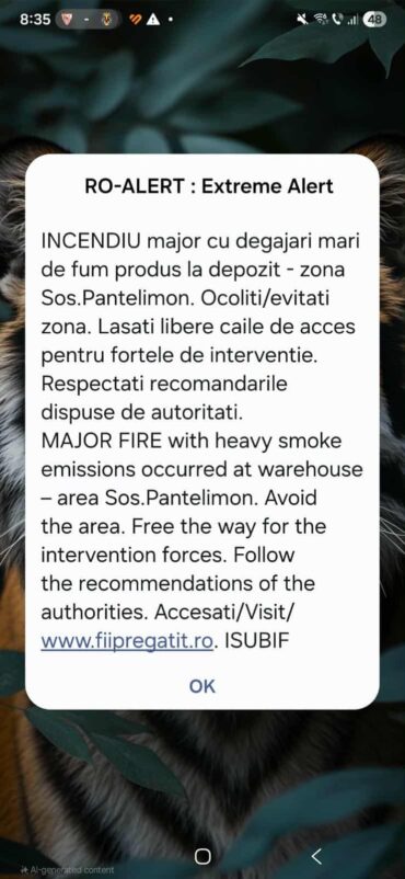 Foc la un depozit din Pantelimon: Emitere a două mesaje Ro-Alert (Video)