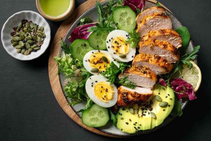 High,Protein,Lunch,Bowl,With,Chicken,,Eggs,,Avocado,And,Green